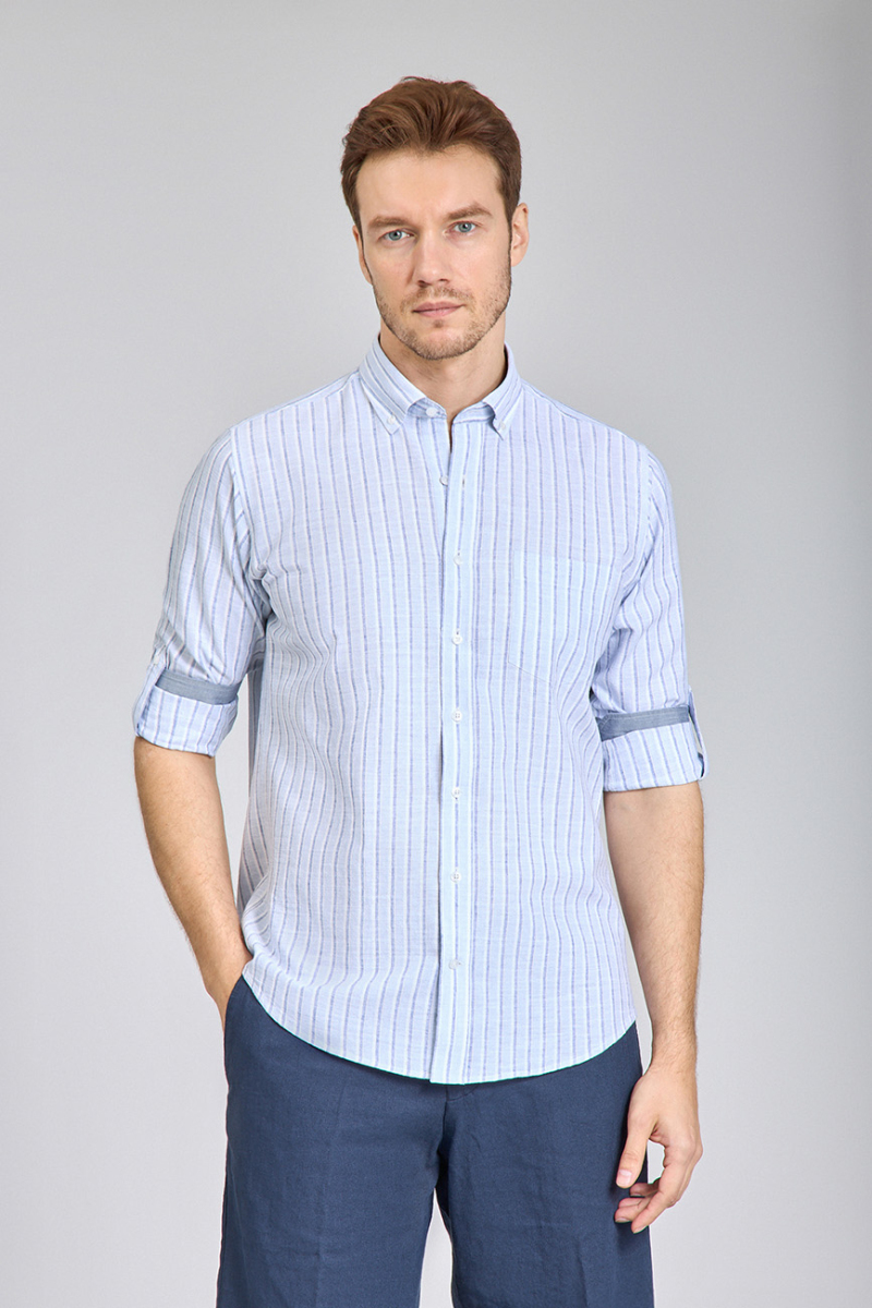 Regular Fit Paşa Yaka Çizgili Açık Mavi Pamuk Keten Erkek Gömlek