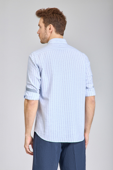 Regular Fit Paşa Yaka Çizgili Açık Mavi Pamuk Keten Erkek Gömlek - 6