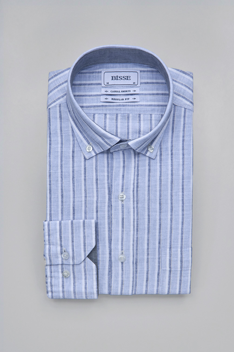 Regular Fit Paşa Yaka Çizgili Açık Mavi Pamuk Keten Erkek Gömlek - 3