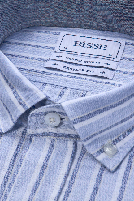 Regular Fit Paşa Yaka Çizgili Açık Mavi Pamuk Keten Erkek Gömlek - 4