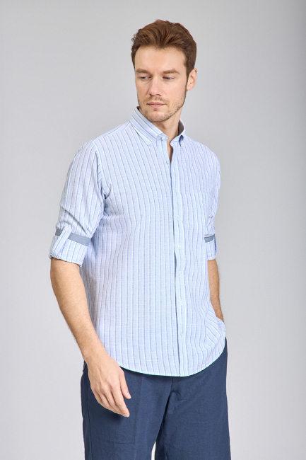 Regular Fit Paşa Yaka Çizgili Açık Mavi Pamuk Keten Erkek Gömlek - 5