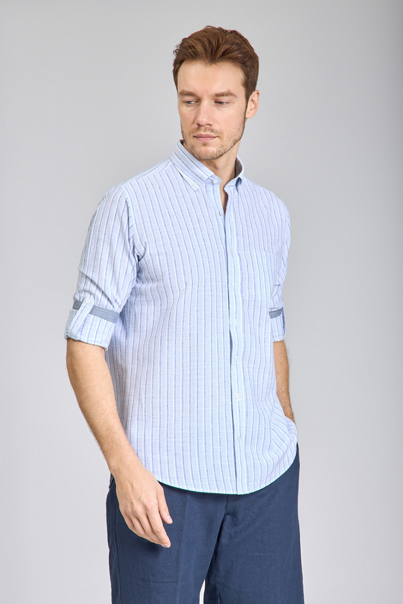 Regular Fit Paşa Yaka Çizgili Açık Mavi Pamuk Keten Erkek Gömlek - 5