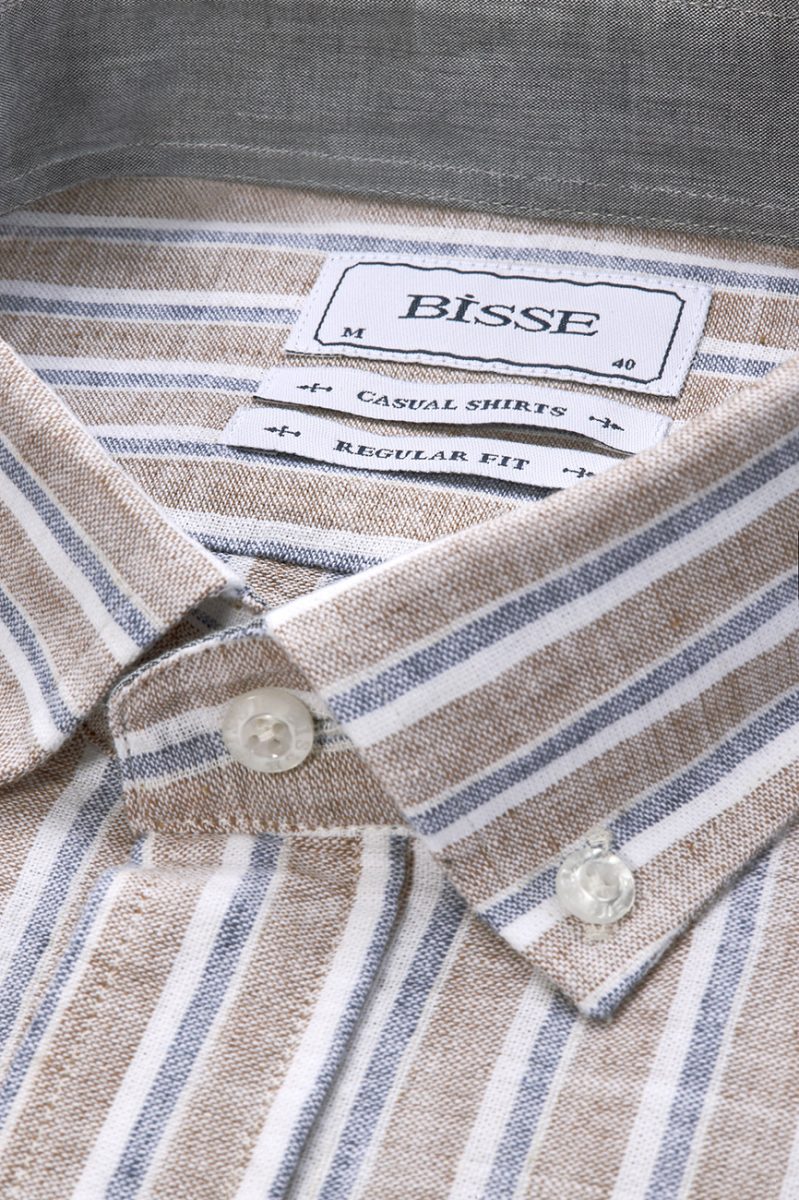 Regular Fit Paşa Yaka Çizgili Kahve Pamuk Keten Erkek Gömlek - 4