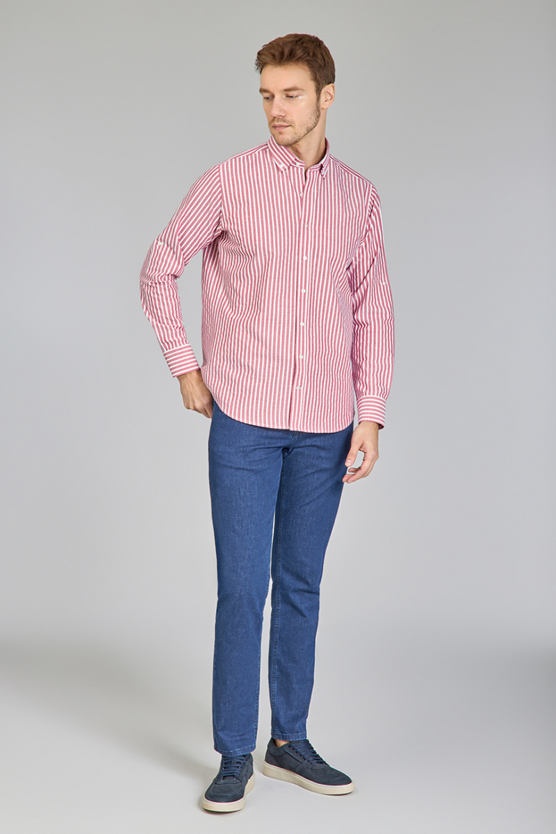 Regular Fit Paşa Yaka Çizgili Kırmızı Pamuk Erkek Gömlek - 5