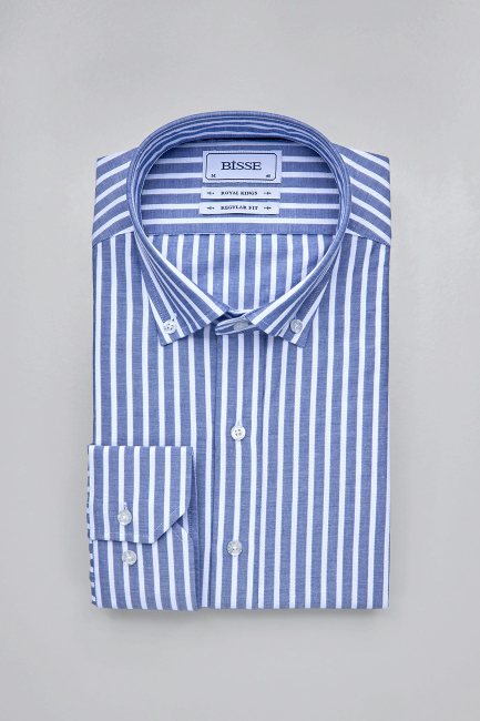 Regular Fit Paşa Yaka Çizgili Mavi Pamuk Erkek Gömlek - 3