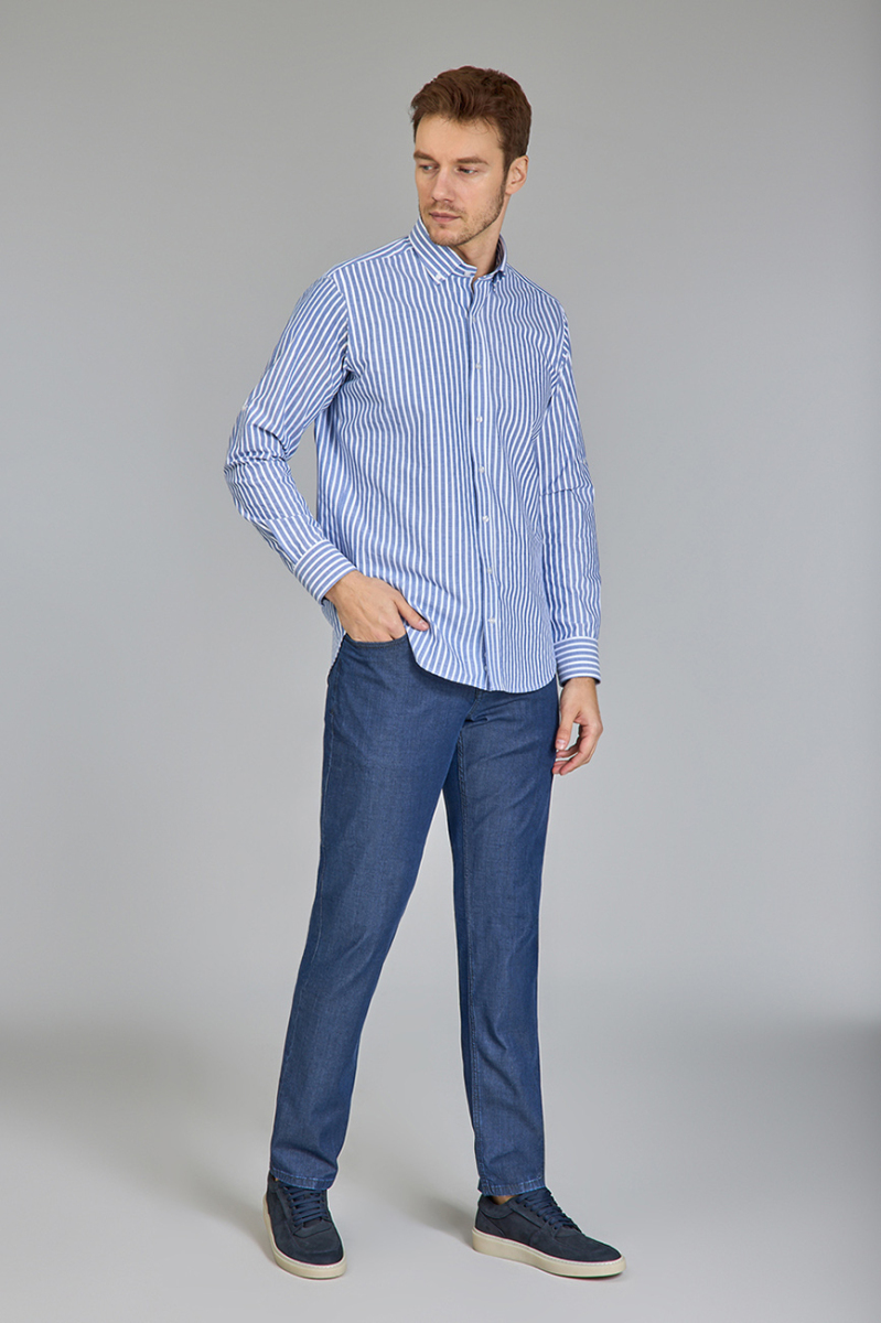 Regular Fit Paşa Yaka Çizgili Mavi Pamuk Erkek Gömlek - 5