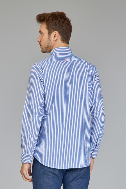 Regular Fit Paşa Yaka Çizgili Mavi Pamuk Erkek Gömlek - 6
