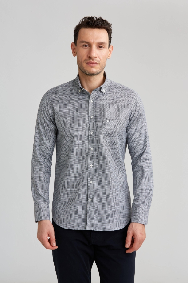 Regular Fit Paşa Yaka Desenli Gri Spor Erkek Gömlek