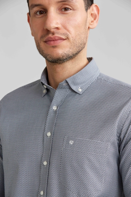 Regular Fit Paşa Yaka Desenli Gri Spor Erkek Gömlek - 3