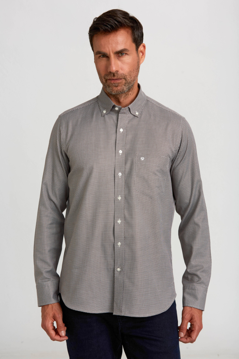 Regular Fit Paşa Yaka Desenli Kahve Erkek Gömlek
