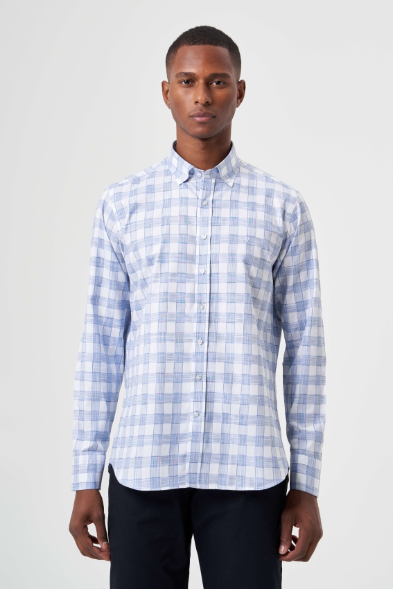 Regular Fit Paşa Yaka Desenli Mavi Kareli Erkek Gömlek
