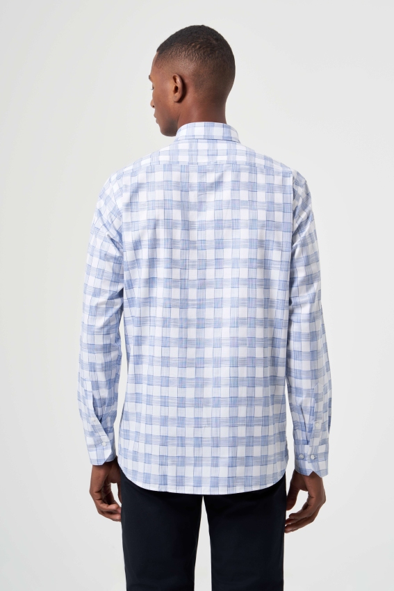 Regular Fit Paşa Yaka Desenli Mavi Kareli Erkek Gömlek (1)