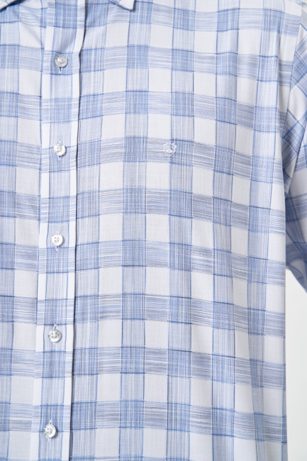 Regular Fit Paşa Yaka Desenli Mavi Kareli Erkek Gömlek - 3