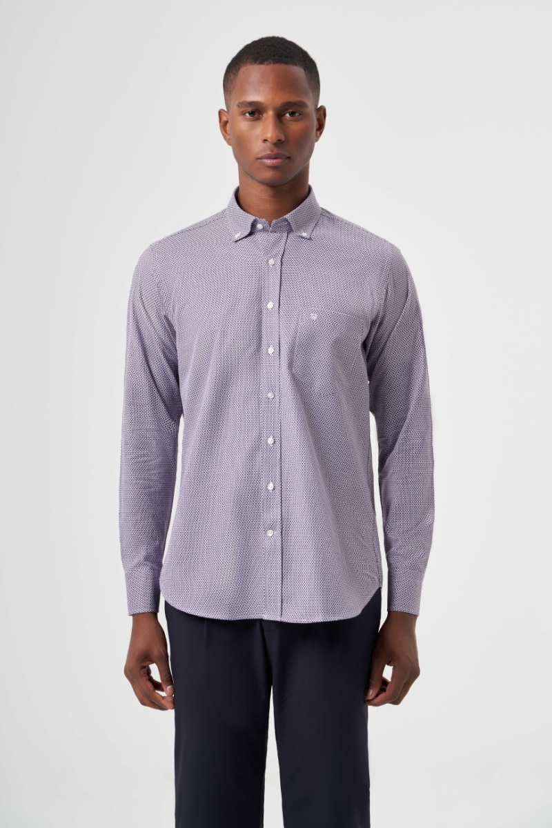 Regular Fit Paşa Yaka Desenli Pamuk Lila Erkek Gömlek
