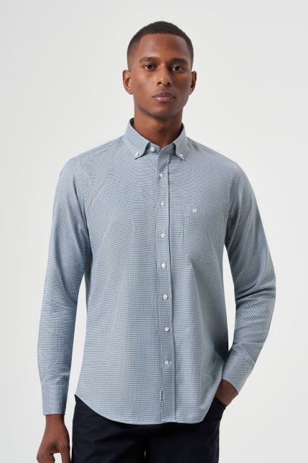 Regular Fit Paşa Yaka Desenli Yeşil Spor Erkek Gömlek - 1