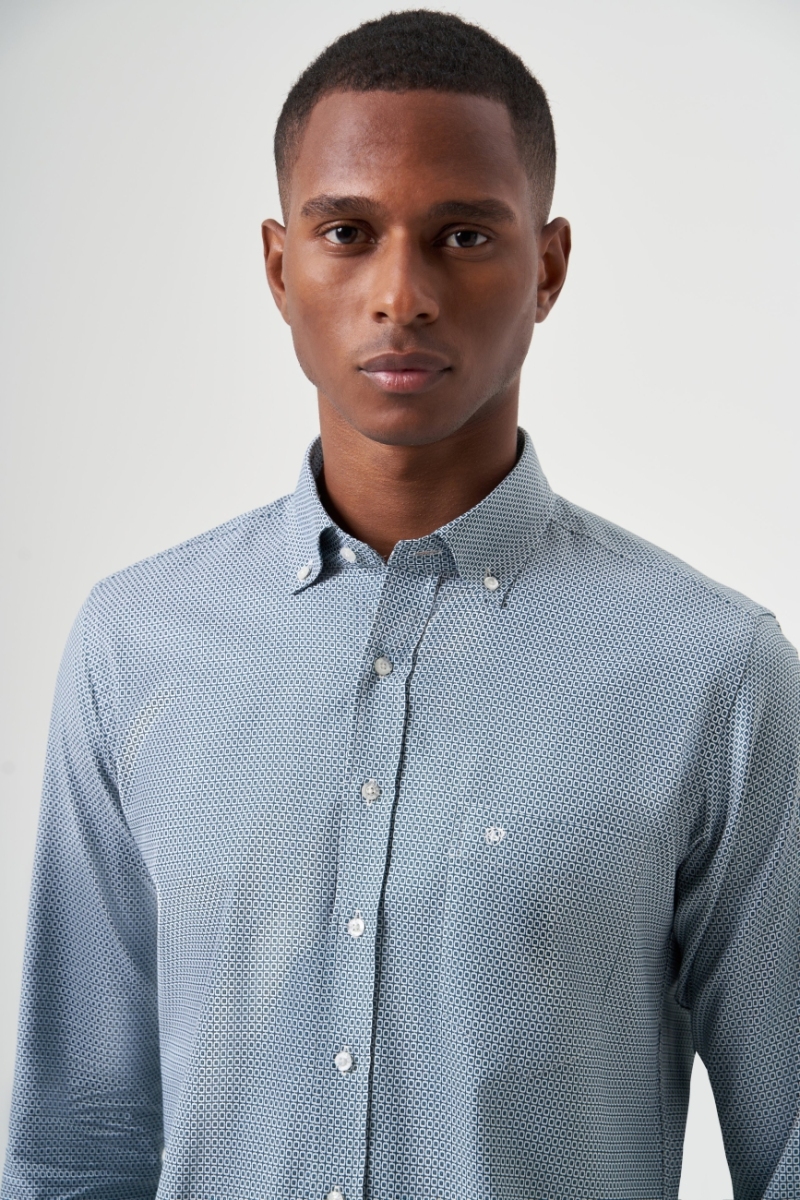 Regular Fit Paşa Yaka Desenli Yeşil Spor Erkek Gömlek - 5