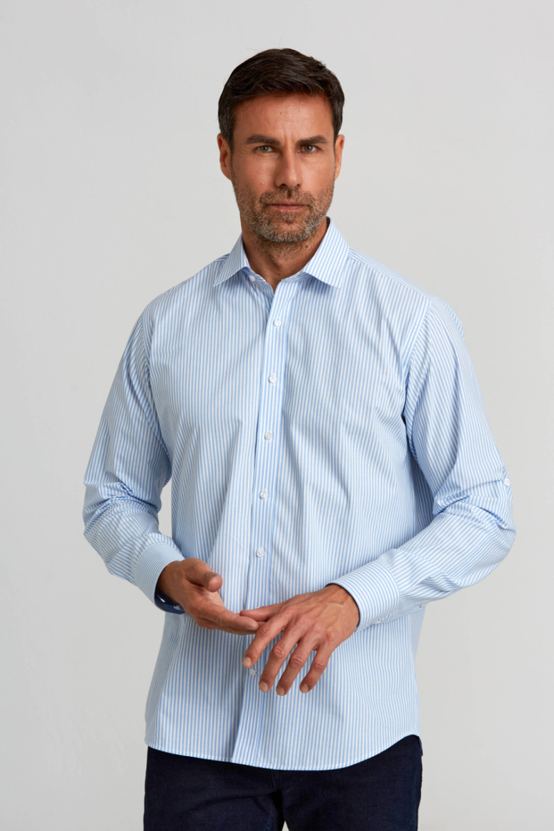 Regular Fit Paşa Yaka Düğmeli Açık Mavi Pamuk Erkek Gömlek - 4