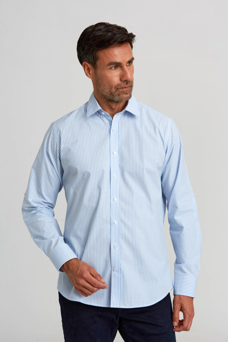 Regular Fit Paşa Yaka Düğmeli Açık Mavi Pamuk Erkek Gömlek