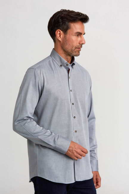 Regular Fit Paşa Yaka Düğmeli Gri Basic Spor Erkek Gömlek - 4