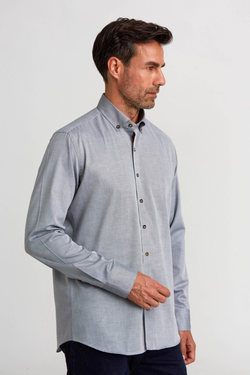 Regular Fit Paşa Yaka Düğmeli Gri Basic Spor Erkek Gömlek - 4