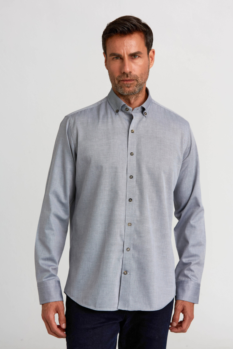 Regular Fit Paşa Yaka Düğmeli Gri Basic Spor Erkek Gömlek - 1