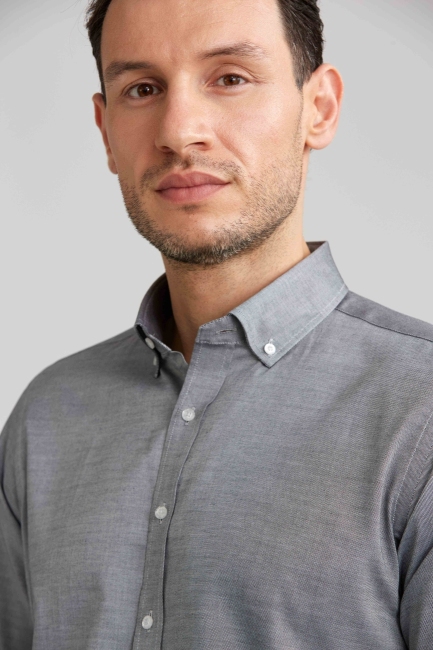 Regular Fit Paşa Yaka Düğmeli Gri Pamuk Erkek Gömlek - 4