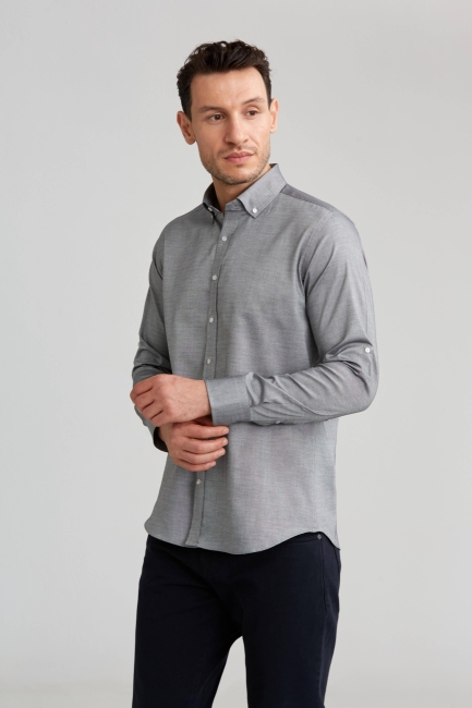Regular Fit Paşa Yaka Düğmeli Gri Pamuk Erkek Gömlek - 5