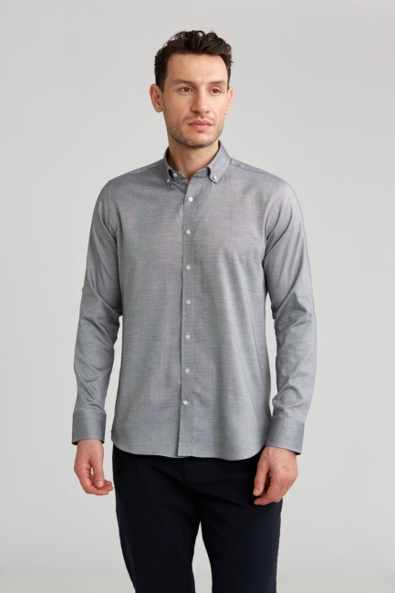 Regular Fit Paşa Yaka Düğmeli Gri Pamuk Erkek Gömlek 