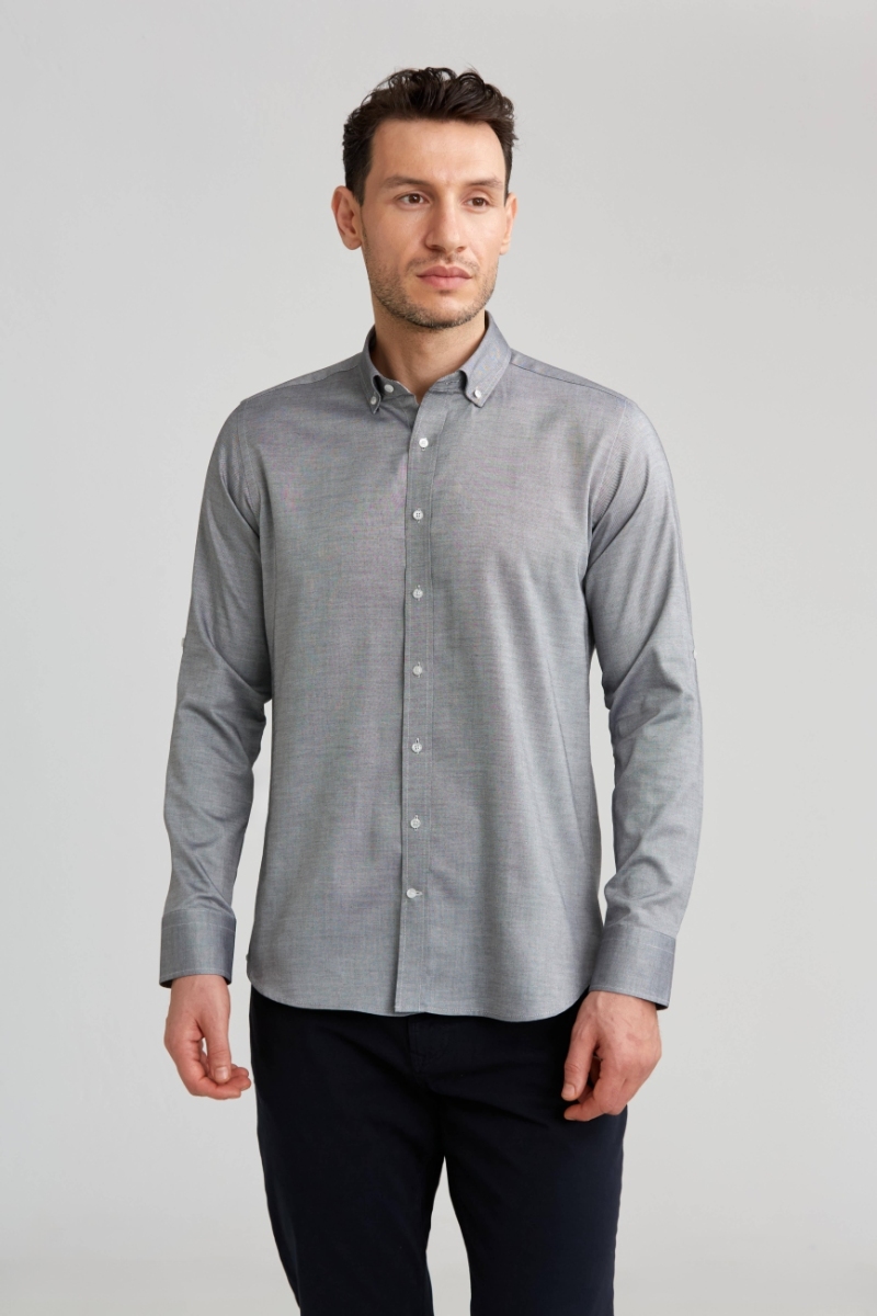Regular Fit Paşa Yaka Düğmeli Gri Pamuk Erkek Gömlek