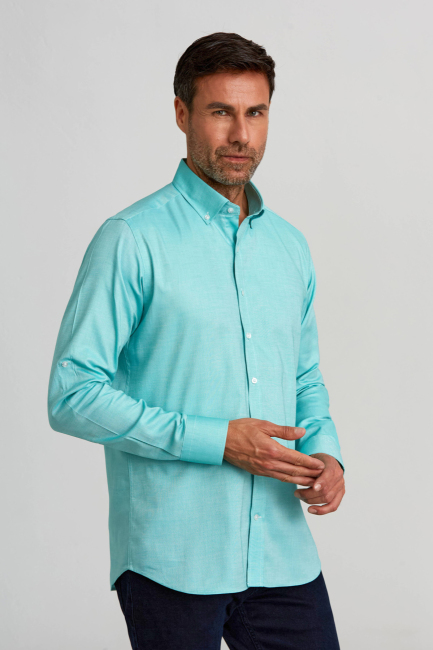 Regular Fit Paşa Yaka Düğmeli Haki Pamuk Erkek Gömlek - 5