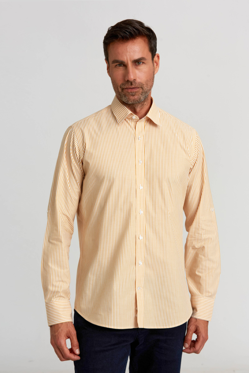 Regular Fit Paşa Yaka Düğmeli Hardal Pamuk Erkek Gömlek