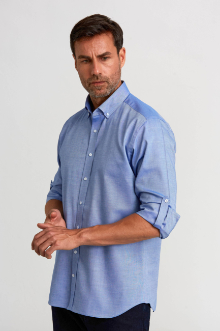 Regular Fit Paşa Yaka Düğmeli İndigo Pamuk Erkek Gömlek - 3