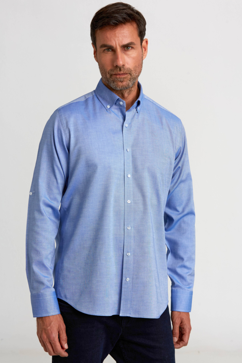 Regular Fit Paşa Yaka Düğmeli İndigo Pamuk Erkek Gömlek