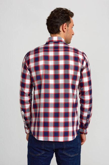 Regular Fit Paşa Yaka Düğmeli Kırmızı Ekoseli Pamuk Spor Erkek Gömlek - 2