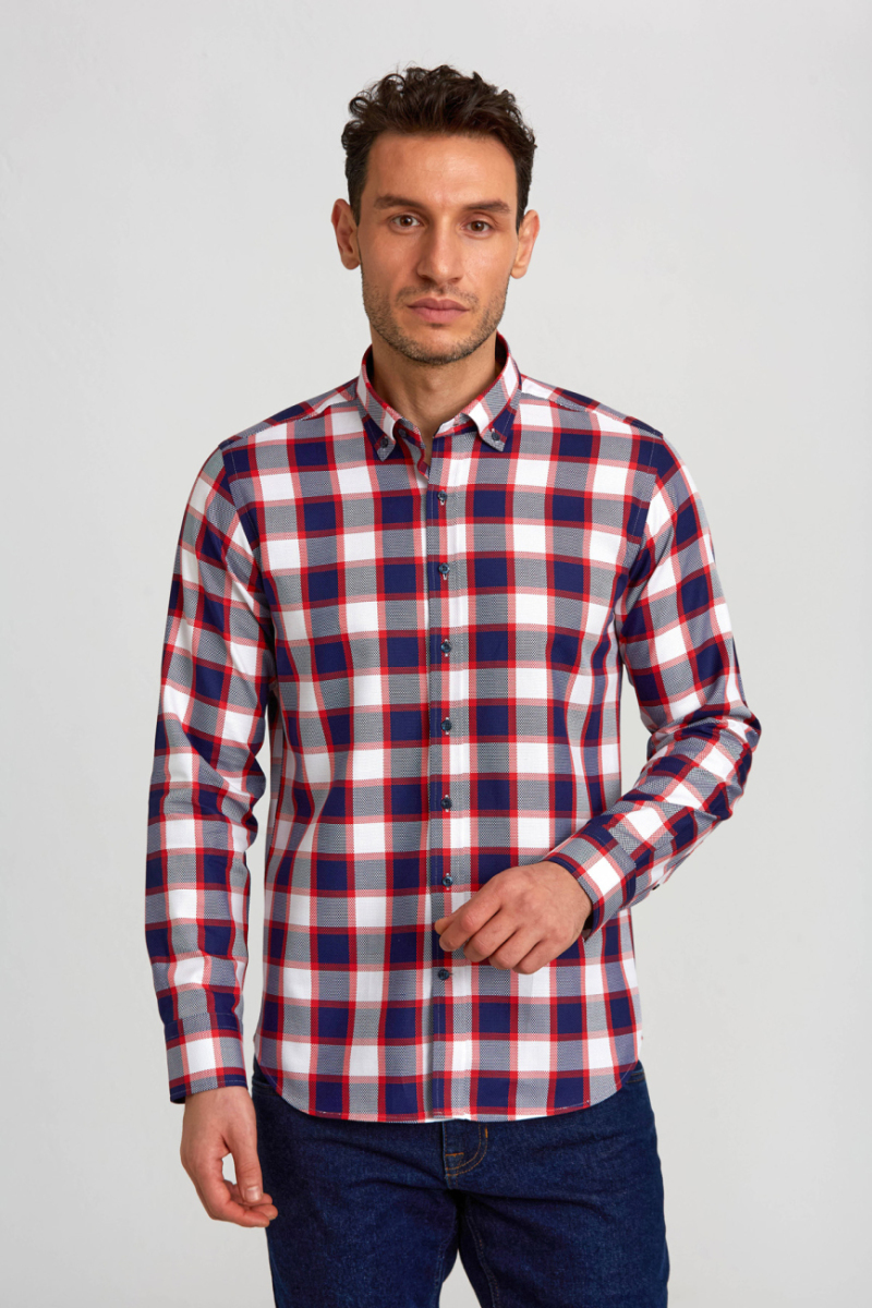 Regular Fit Paşa Yaka Düğmeli Kırmızı Ekoseli Pamuk Spor Erkek Gömlek