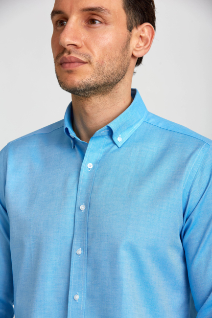 Regular Fit Paşa Yaka Düğmeli Koyu Mavi Pamuk Erkek Gömlek - 4