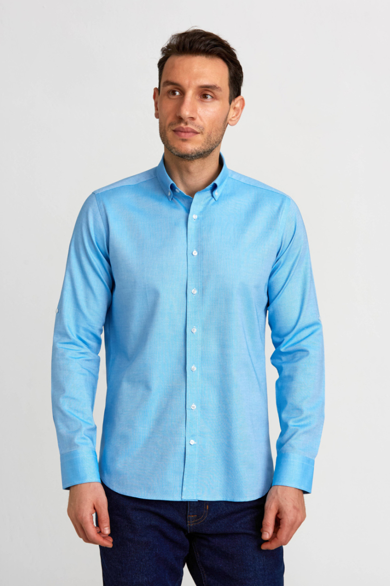 Regular Fit Paşa Yaka Düğmeli Koyu Mavi Pamuk Erkek Gömlek