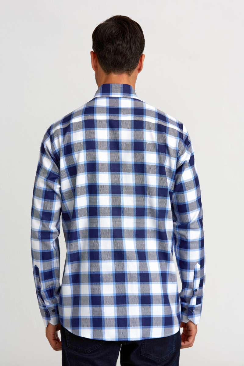 Regular Fit Paşa Yaka Düğmeli Mavi Ekoseli Pamuk Spor Erkek Gömlek - 3