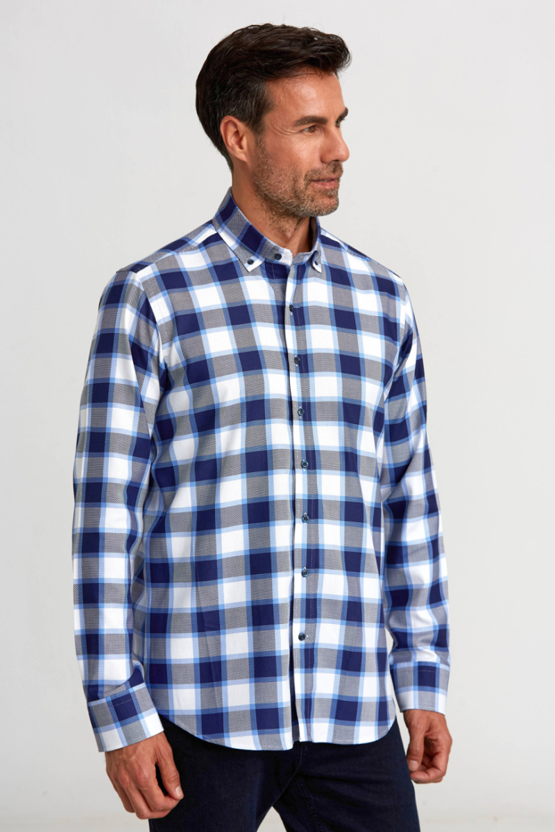 Regular Fit Paşa Yaka Düğmeli Mavi Ekoseli Pamuk Spor Erkek Gömlek (1)