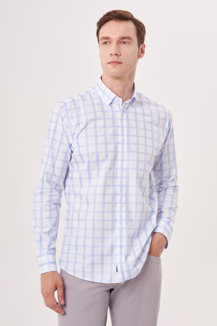 Regular Fit Paşa Yaka Düğmeli Mavi Erkek Gömlek - 1