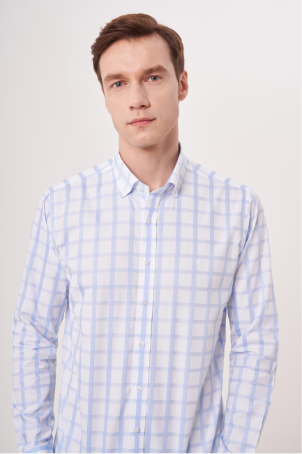 Regular Fit Paşa Yaka Düğmeli Mavi Erkek Gömlek - 3