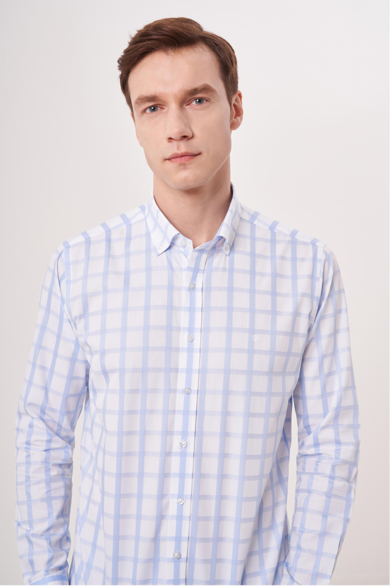 Regular Fit Paşa Yaka Düğmeli Mavi Erkek Gömlek - 3