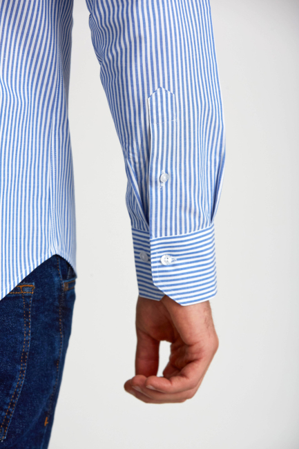 Regular Fit Paşa Yaka Düğmeli Mavi Pamuk Erkek Gömlek - 3