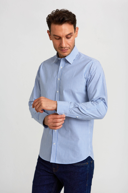 Regular Fit Paşa Yaka Düğmeli Mavi Pamuk Erkek Gömlek - 5