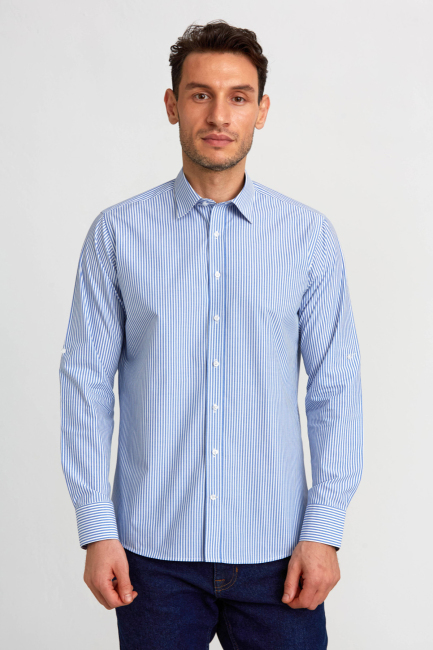 Regular Fit Paşa Yaka Düğmeli Mavi Pamuk Erkek Gömlek 