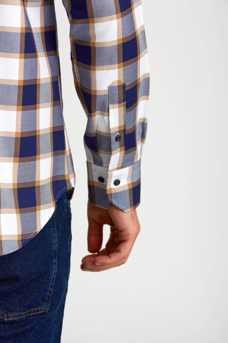 Regular Fit Paşa Yaka Düğmeli Sarı Ekoseli Pamuk Spor Erkek Gömlek - 3