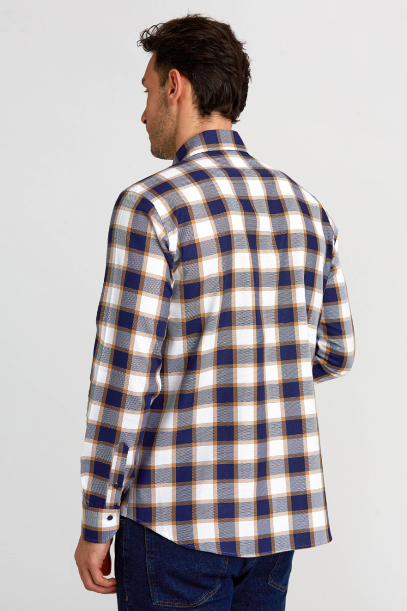 Regular Fit Paşa Yaka Düğmeli Sarı Ekoseli Pamuk Spor Erkek Gömlek (1)