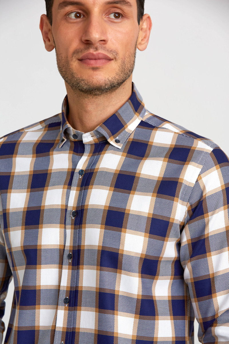 Regular Fit Paşa Yaka Düğmeli Sarı Ekoseli Pamuk Spor Erkek Gömlek - 4