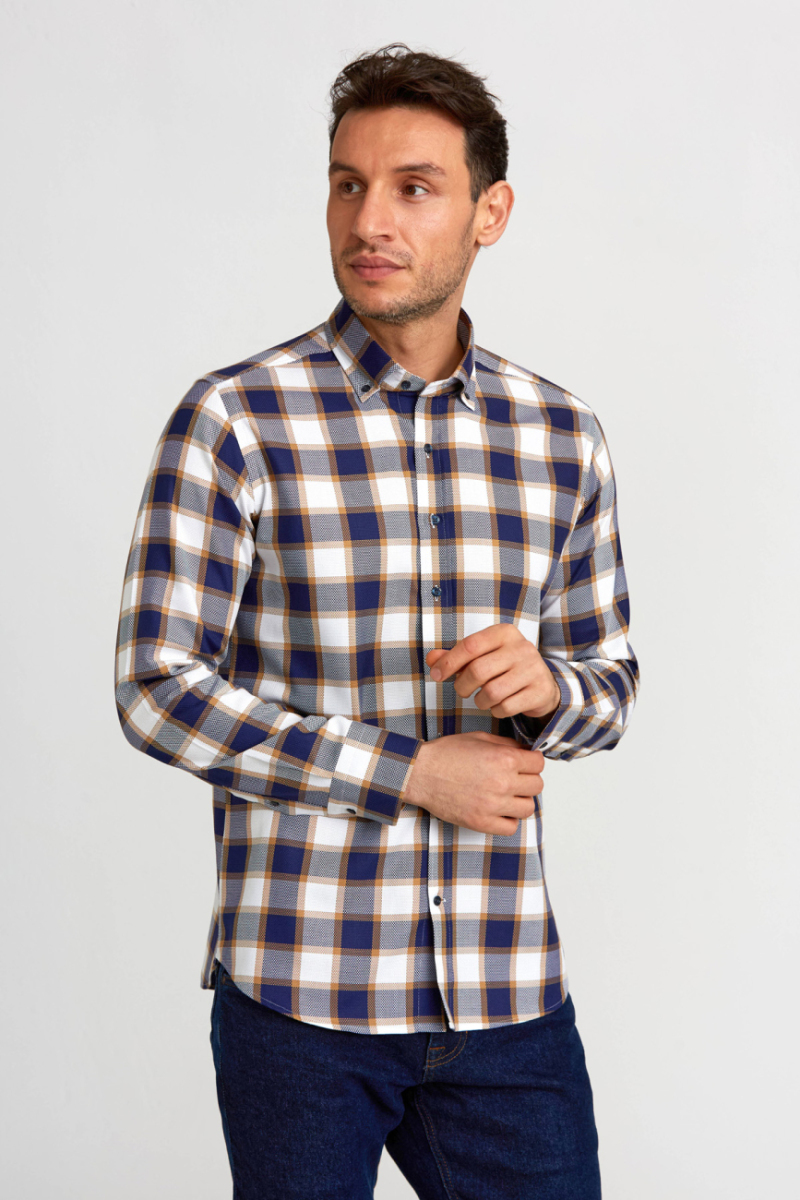 Regular Fit Paşa Yaka Düğmeli Sarı Ekoseli Pamuk Spor Erkek Gömlek - 5