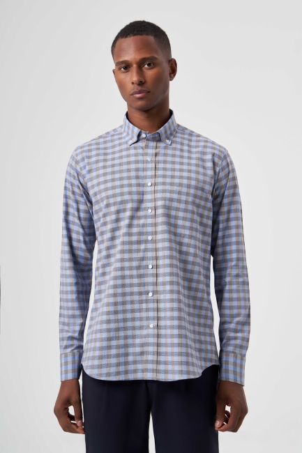 Regular Fit Paşa Yaka Ekoseli Açık Kahve Erkek Gömlek - 1